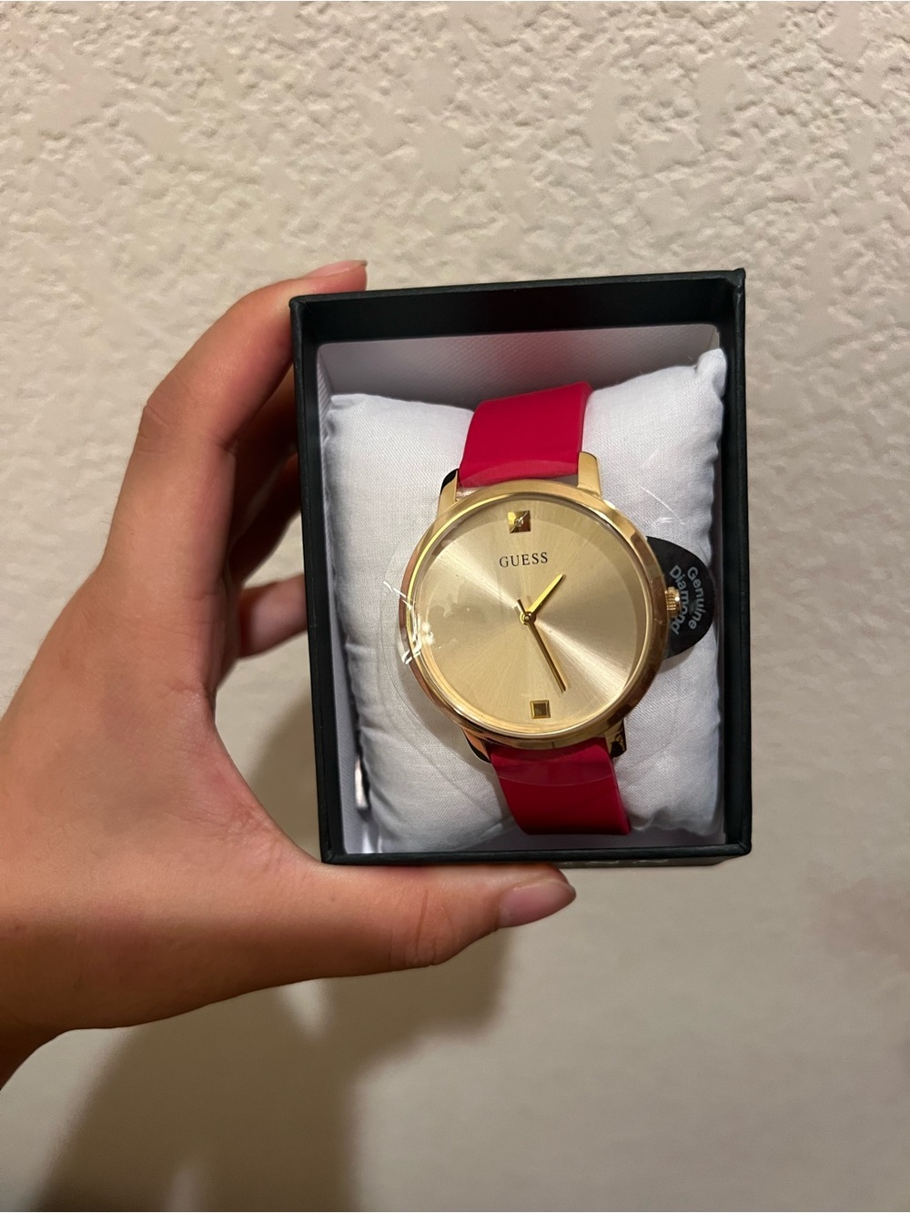 GUESS Gold-Tone Dial Watch with Bright Pink Strap